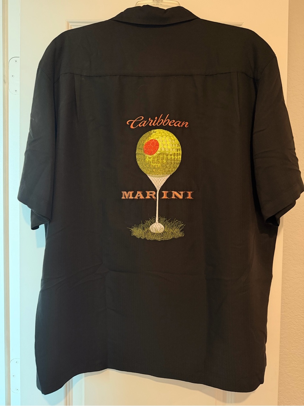 Caribbean Black Rayon Blend Golf Martini Embroidered Silk-Look Camp Shirt L